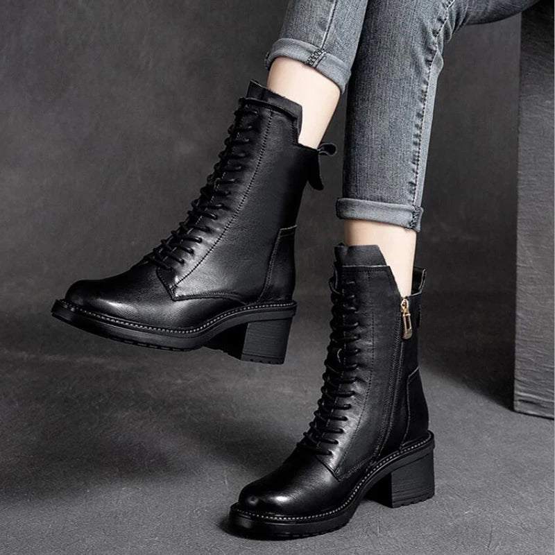 GKTINOO Botas Femininas Couro de Vaca Salto Quadrado 6 cm