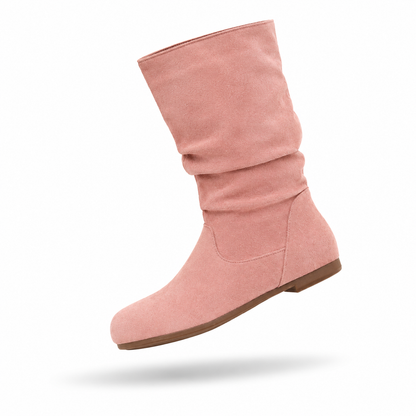 2025 new autumn/winter women's pleated round-toe flat fashion boots, plus-size cross-border side-zip long boots