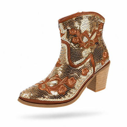 Rosalyn - Bottines à Talon pour Femme avec Broderie Florale et Paillettes