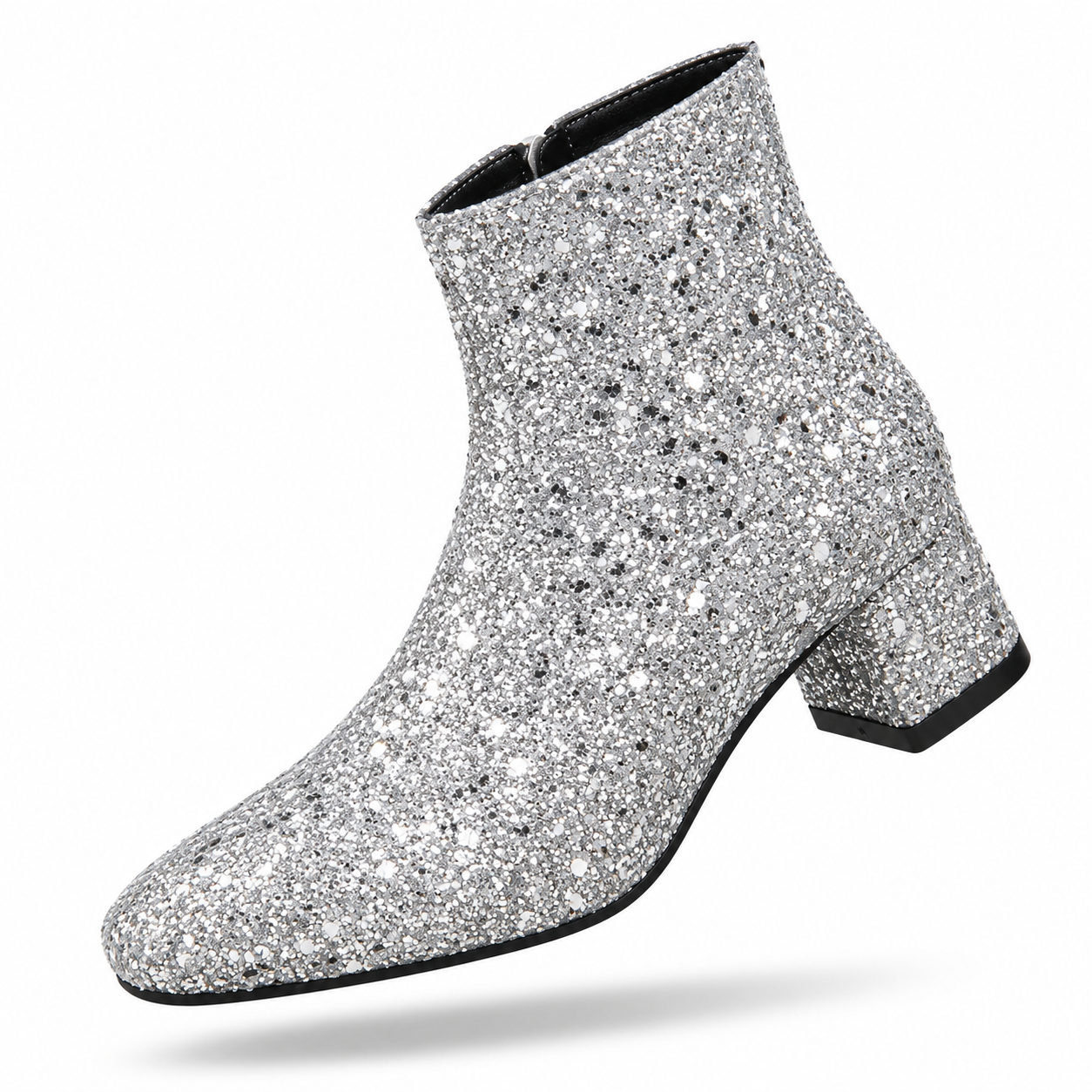 Bottes à la mode à paillettes pour femmes, grandes tailles, talon mi-haut, nouvelle collection automne 2025, fermeture éclair latérale, argent, bottes polyvalentes, en stock