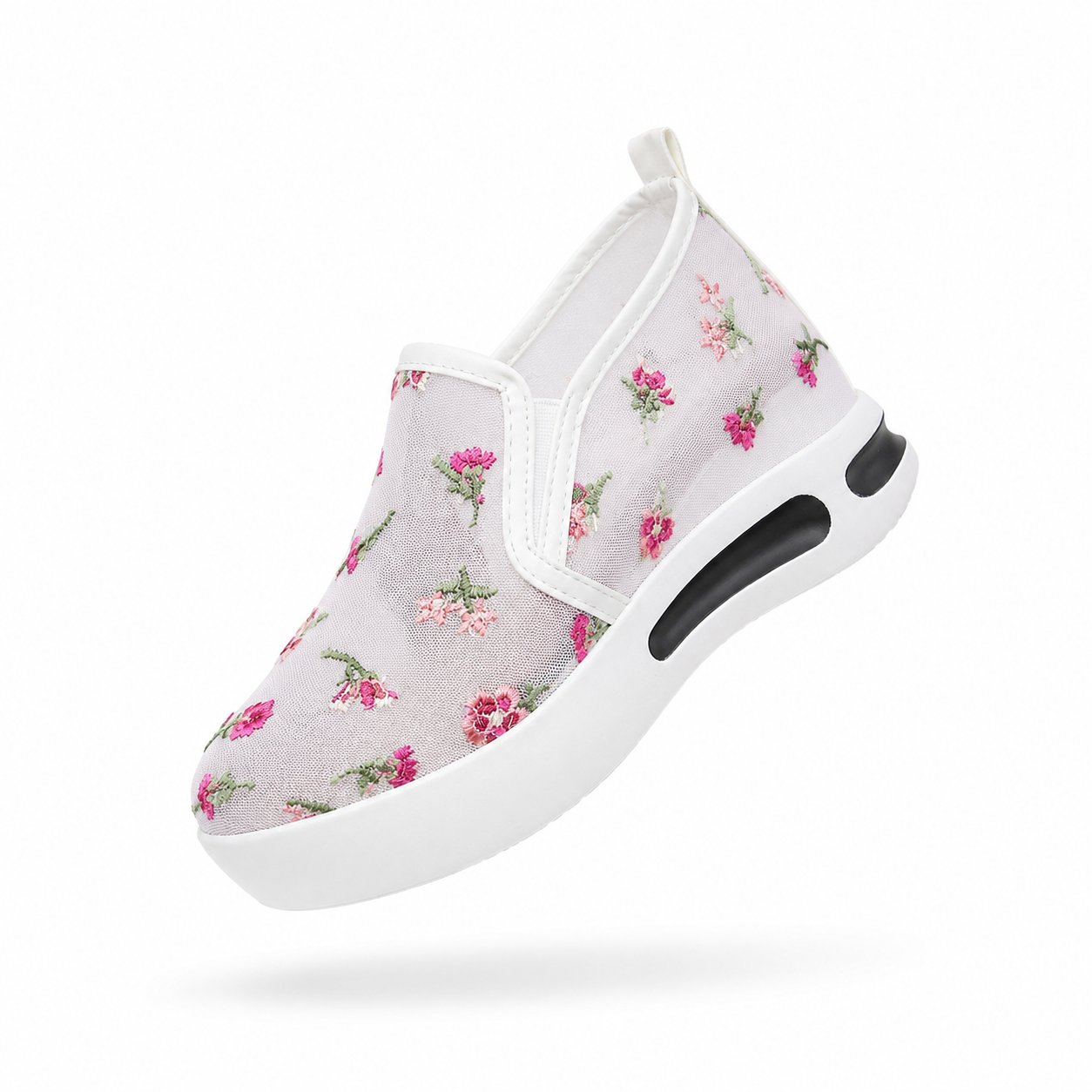Nouvelles chaussures compensées décontractées brodées en filet pour femmes, style printemps-automne, chaussures à plateforme épaisse, sans lacets, grande taille, en maille respirante, pour le commerce extérieur