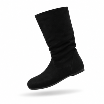 2025 new autumn/winter women's pleated round-toe flat fashion boots, plus-size cross-border side-zip long boots