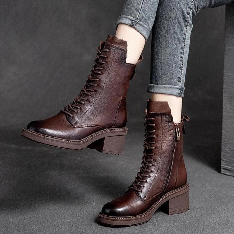 GKTINOO Botas Femininas Couro de Vaca Salto Quadrado 6 cm
