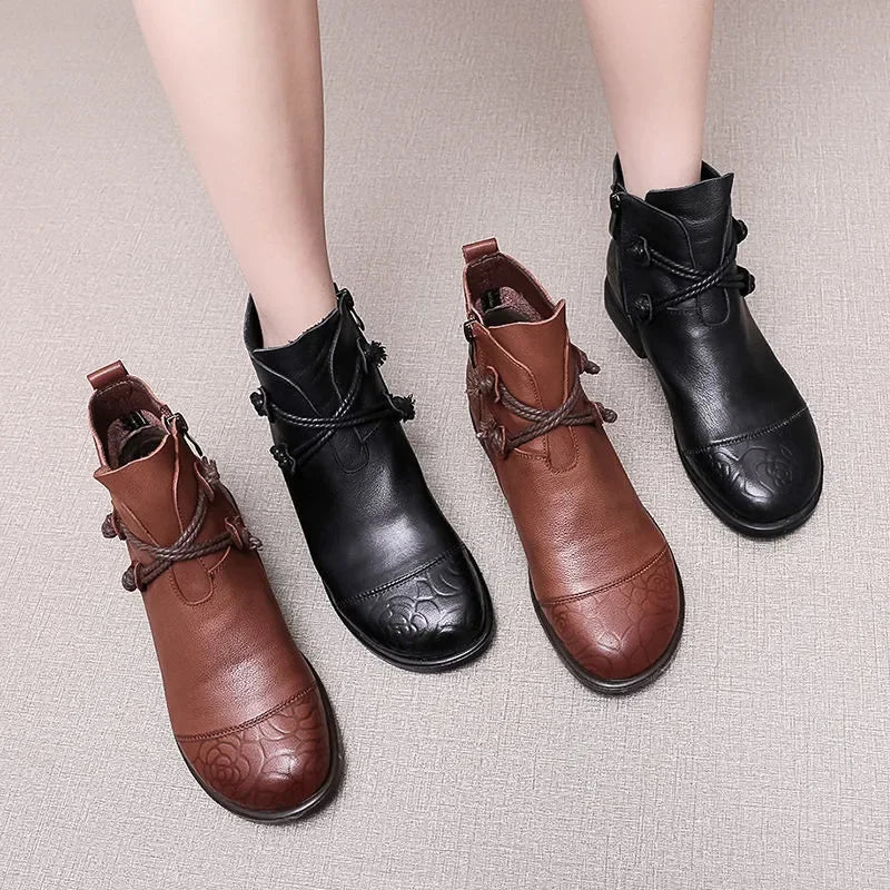 Botas de Couro Genuíno Femininas Confortáveis Zíper Lateral