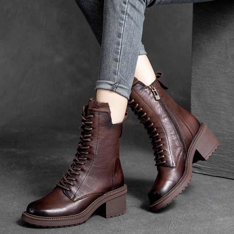 GKTINOO Botas Femininas Couro de Vaca Salto Quadrado 6 cm