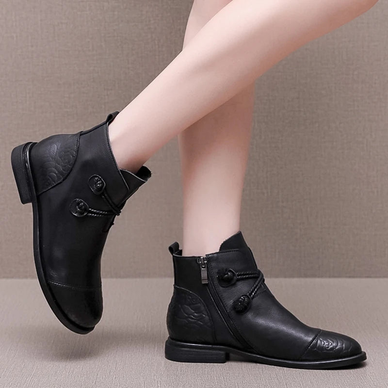 Botas de Couro Genuíno Femininas Confortáveis Zíper Lateral