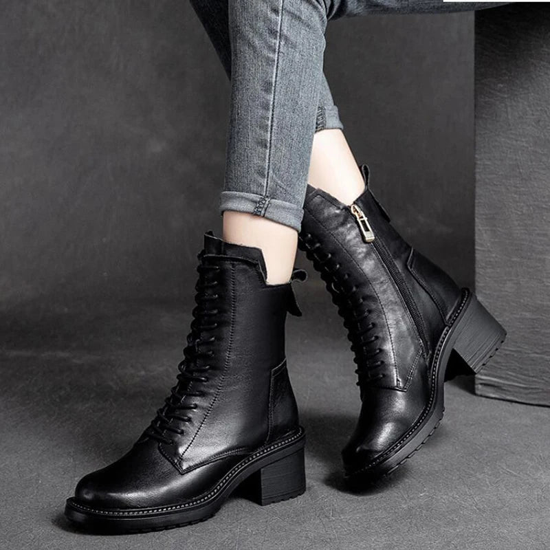 GKTINOO Botas Femininas Couro de Vaca Salto Quadrado 6 cm