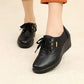Tênis de Couro Feminino Plataforma Wedge Casual com Cadarço