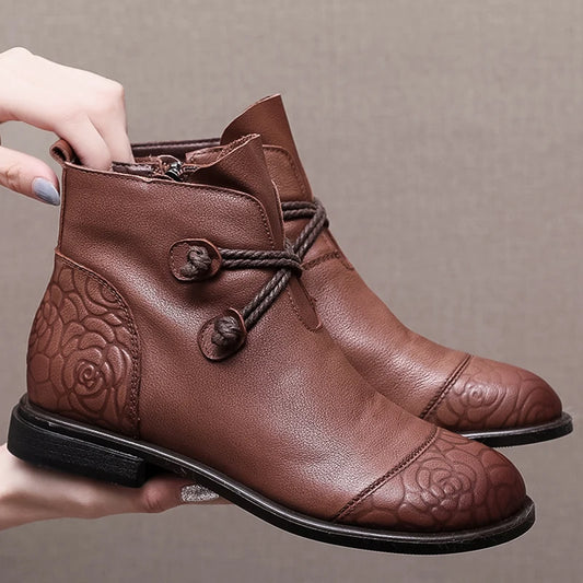 Botas de Couro Genuíno Femininas Confortáveis Zíper Lateral