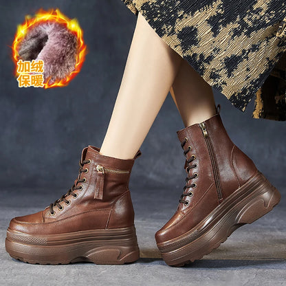 Botas Femininas Plataforma Cano Curto Couro Genuíno