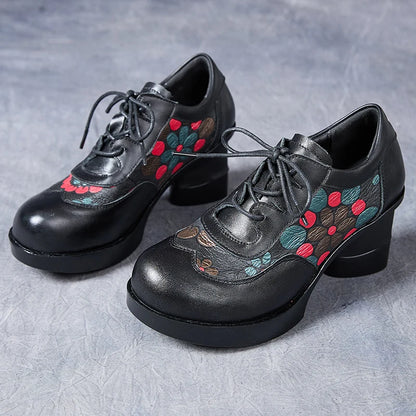 GKTINOO Sapatos Femininos Salto Alto Couro Floral LaceUp