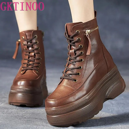 Botas Femininas Plataforma Cano Curto Couro Genuíno