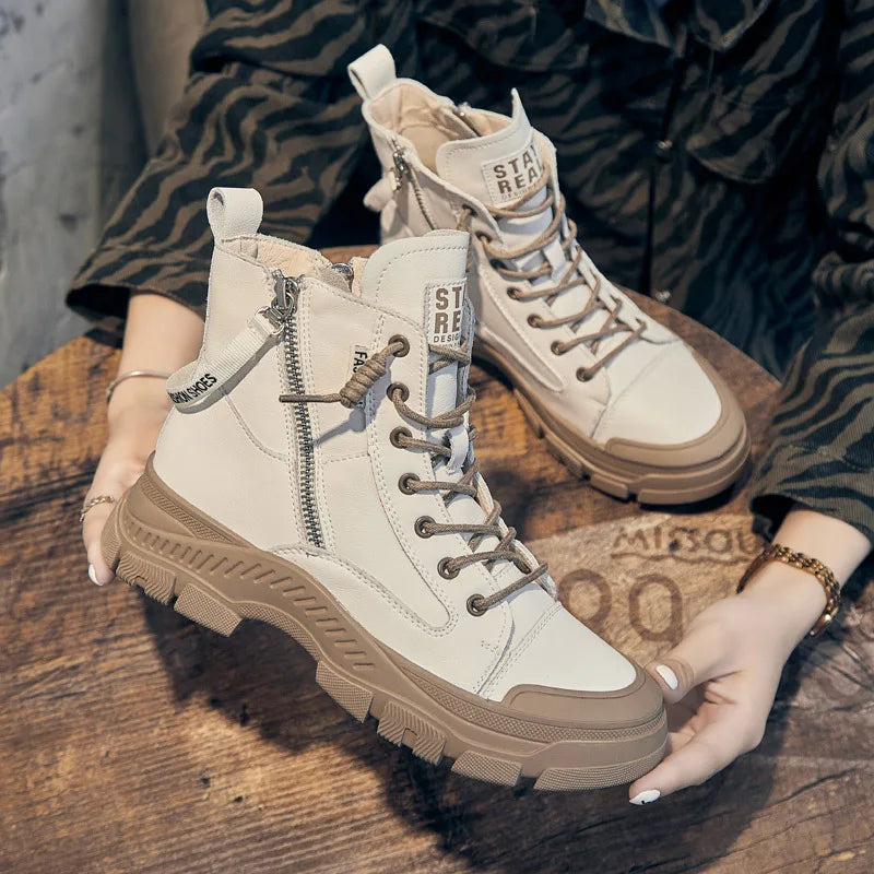 GKTINOO Botas Femininas Couro Genuíno Solado Grosso Estilo