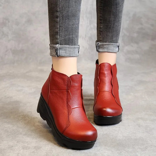 GKTINOO Botas Ankle Wedge Femininas Pele Genuína Forro Macio