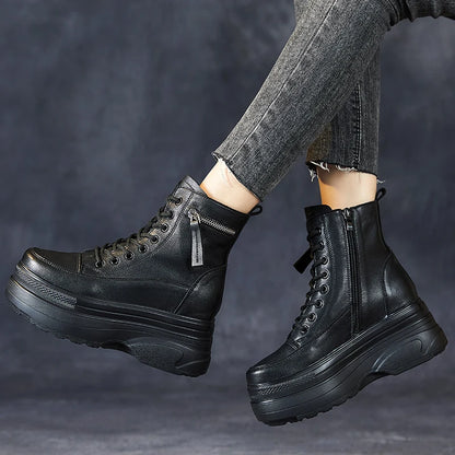 Botas Femininas Plataforma Cano Curto Couro Genuíno