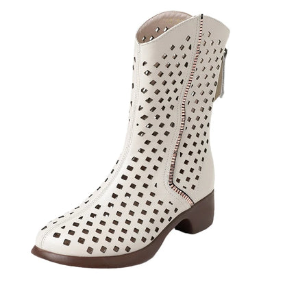 Women's Genuine Leather Cut-out Detail Mid-Calf Boots