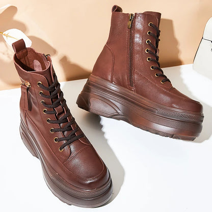 Botas Femininas Plataforma Cano Curto Couro Genuíno