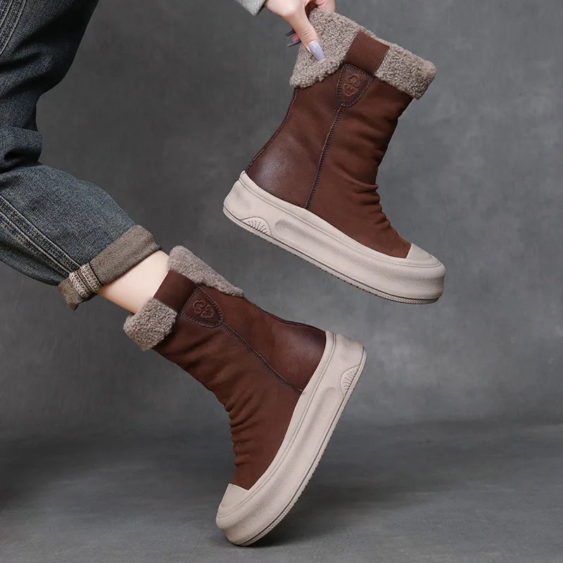 Botas Femininas Inverno Couro Genuíno Lã Plataforma