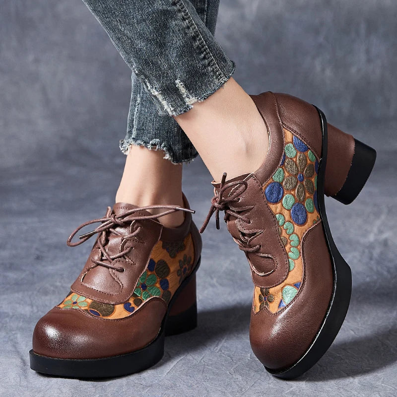 GKTINOO Sapatos Femininos Salto Alto Couro Floral LaceUp