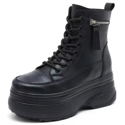 Botas Femininas Plataforma Cano Curto Couro Genuíno