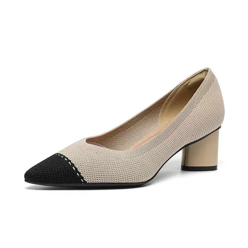 Camelia Beige - Two-Tone Mid-Heel Shoe with Contrast Toe