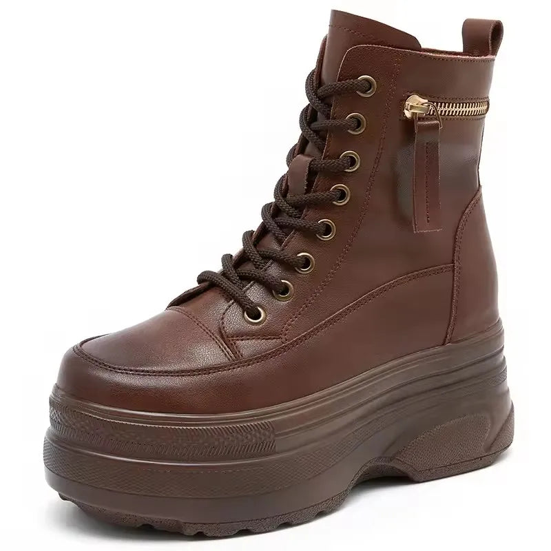 Botas Femininas Plataforma Cano Curto Couro Genuíno