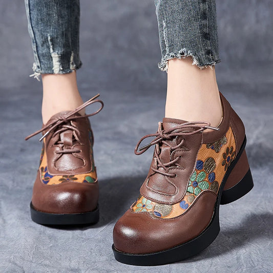 GKTINOO Sapatos Femininos Salto Alto Couro Floral LaceUp