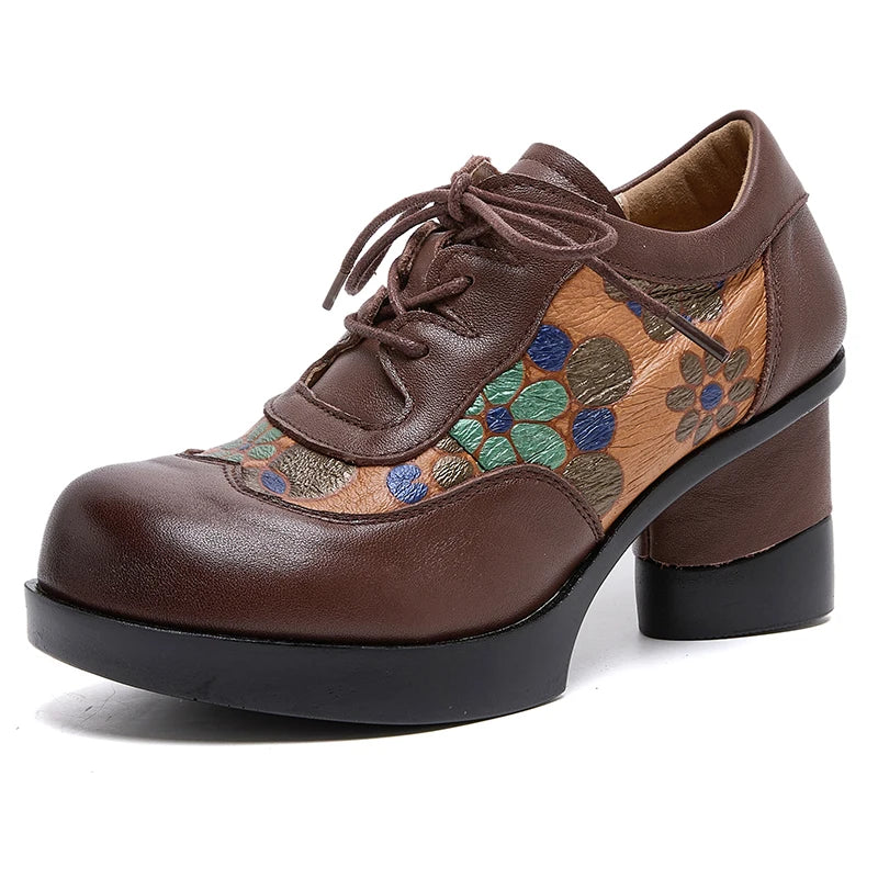 GKTINOO Sapatos Femininos Salto Alto Couro Floral LaceUp