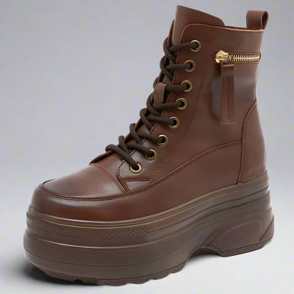 Botas Femininas Plataforma Cano Curto Couro Genuíno