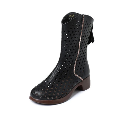 Women's Genuine Leather Cut-out Detail Mid-Calf Boots