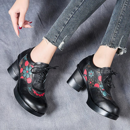 GKTINOO Women's High Heel Floral Lace-Up Leather Shoes