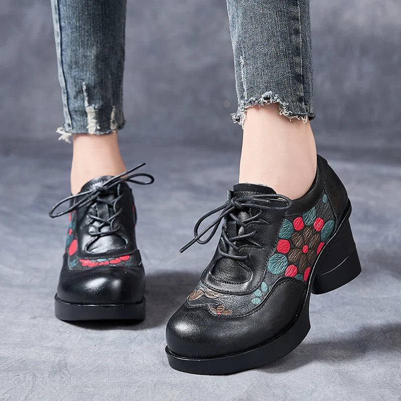 GKTINOO Sapatos Femininos Salto Alto Couro Floral LaceUp