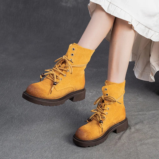 Botas de Couro Femininas Cano Médio Salto Quadrado