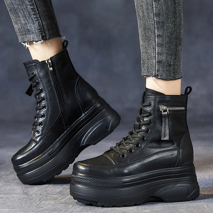 Botas Femininas Plataforma Cano Curto Couro Genuíno