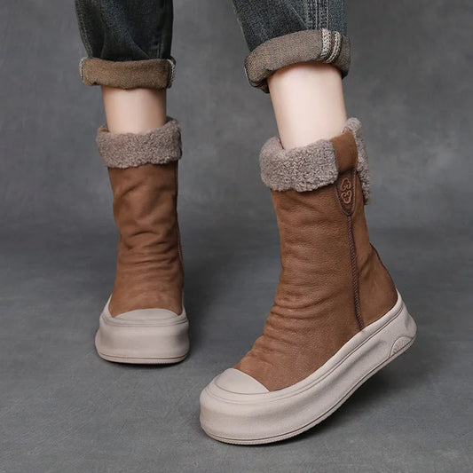 Botas Femininas Inverno Couro Genuíno Lã Plataforma