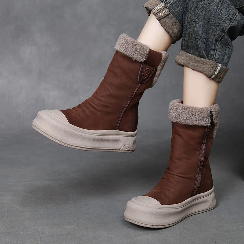 Botas Femininas Inverno Couro Genuíno Lã Plataforma