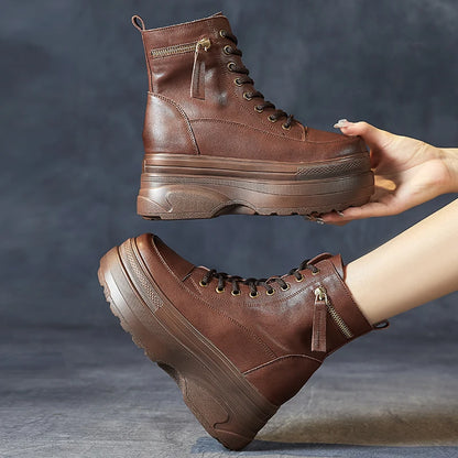 Botas Femininas Plataforma Cano Curto Couro Genuíno