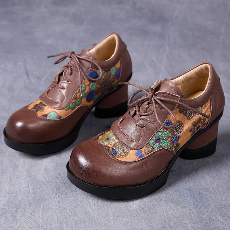 GKTINOO Sapatos Femininos Salto Alto Couro Floral LaceUp