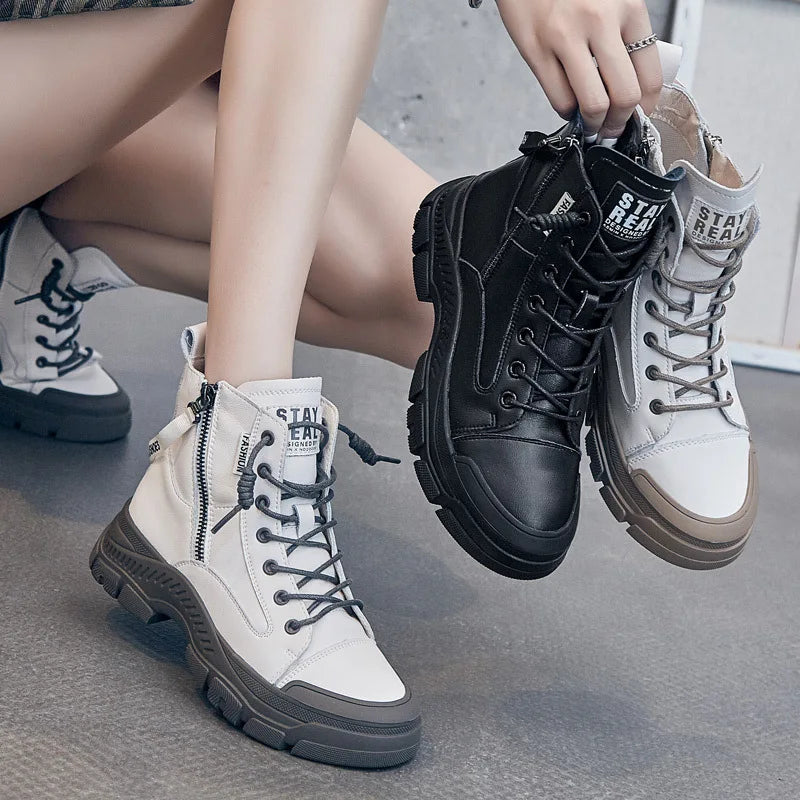 GKTINOO Botas Femininas Couro Genuíno Solado Grosso Estilo